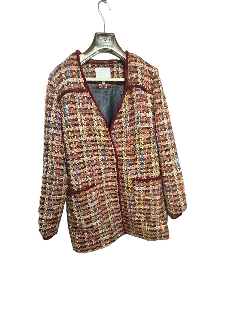 Anthropologie Multicolor Tweed Blazer with Burgundy Trim